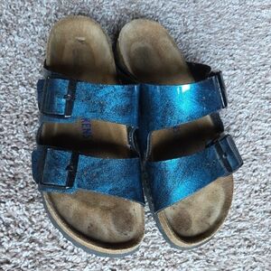 Birkenstock Womens Metalic Blue 2 Big Buckle Sandals